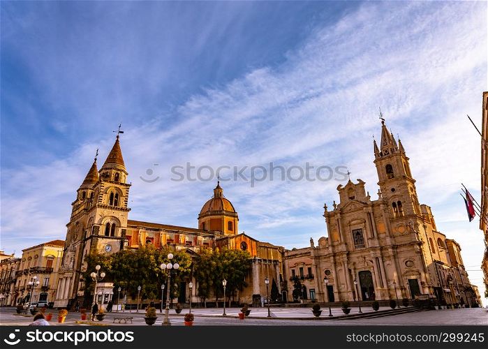 view of the main piazza of acireale with old church in Baroque