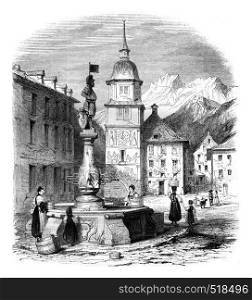 View of the main square of Altdorf, capital of the canton of Uri, vintage engraved illustration. Magasin Pittoresque 1845.