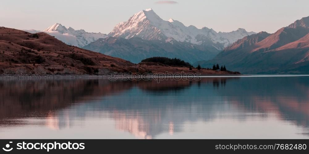 View of the majestic Aoraki Mount Cook, New Zealand. Beautiful natural landscapes.