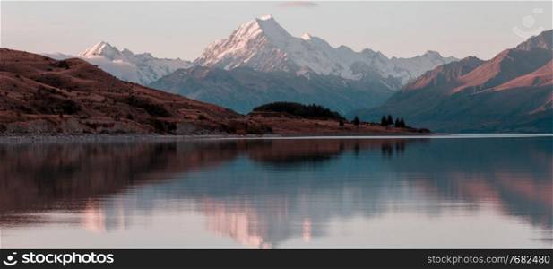 View of the majestic Aoraki Mount Cook, New Zealand. Beautiful natural landscapes.