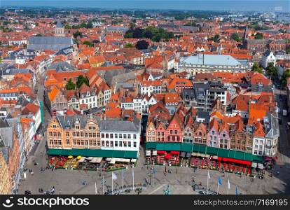 View of the medieval central market square. Brugge. Belgium.. Brugge. The central market square.