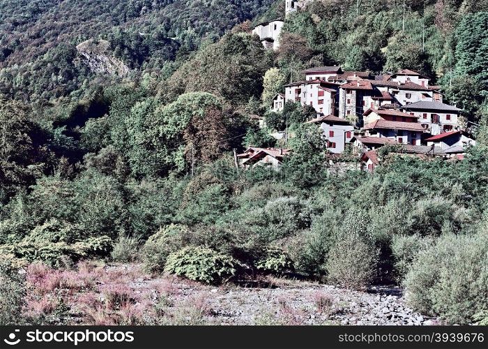View of the Medieval City in Italian Alps, Vintage Style Toned Picture