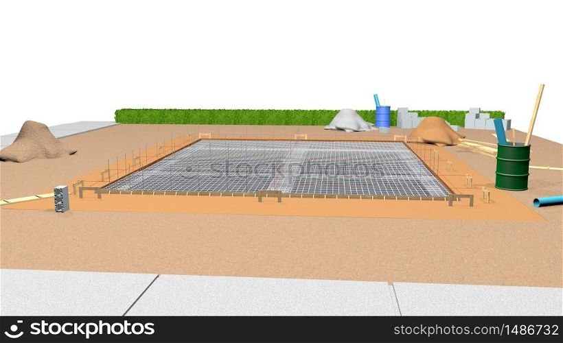 View of the metal structure that forms the foundations of a house under construction on a flat land. 3D Illustration