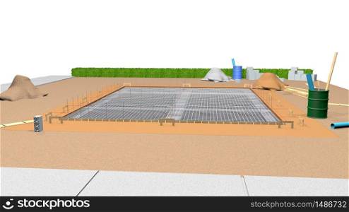 View of the metal structure that forms the foundations of a house under construction on a flat land. 3D Illustration