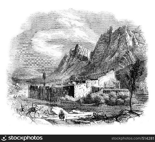 View of the Monastery of Saint Catherine on Mount Sinai, vintage engraved illustration. Magasin Pittoresque 1844.