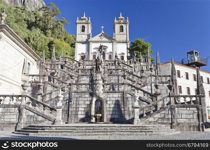View of the monumental flight of steps leading to the Sanctuary of Our Lady in the Peneda Geres National Park, North of Portugal