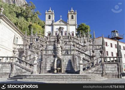 View of the monumental flight of steps leading to the Sanctuary of Our Lady in the Peneda Geres National Park, North of Portugal