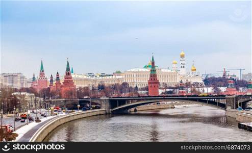 View of the Moscow Kremlin. Winter view. Frozen Moscow river
