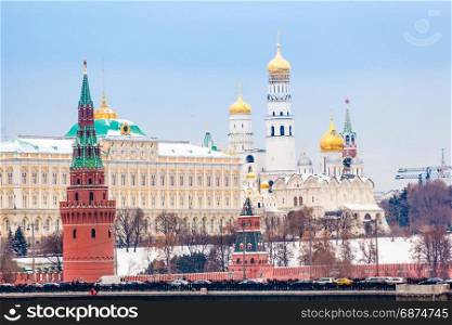 View of the Moscow Kremlin. Winter view. Frozen Moscow river