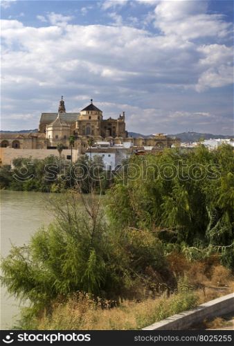 View of the Mosque-Cathedral of Cordoba seen from the south bank of the Guadalquivir river in Spain.