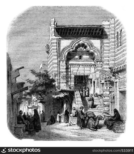 View of the mosque el-Moyed in Cairo, vintage engraved illustration. Magasin Pittoresque 1853.