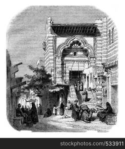 View of the mosque el-Moyed in Cairo, vintage engraved illustration. Magasin Pittoresque 1853.