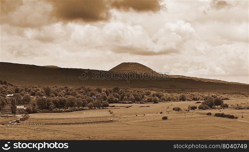 View of the Mount Etna in Sicily, Vintage Style Sepia