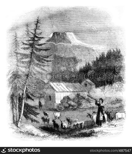 View of the mountain Gousta in Westford dalen valley in Norway, vintage engraved illustration. Magasin Pittoresque 1836.