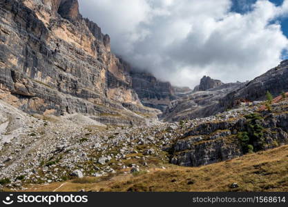 View of the mountain peaks Brenta Dolomites. Trentino, Italy