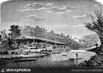 View of the Nam Khan River on Luang Prabang, vintage engraved illustration. Le Tour du Monde, Travel Journal, (1872).