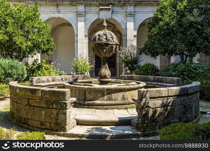 View of the neoclassical cloister of the Monastery of Saint Mary built in the 18th century in Arouca, Portugal