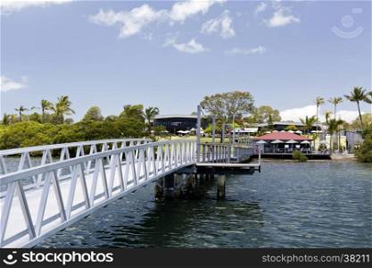 View of the new recreational pier from the floating dock at the Pumicestone Passage near the bridge to the Bribie Island, Queensland, Australia