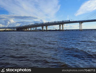 View of the newly built bridge across the Neva River. view of the cable bridge over the Neva River