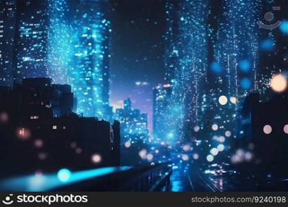 View of the night city in blue tones. Synthwave concept. Neural network AI generated art. View of the night city in blue tones. Synthwave concept. Neural network AI generated