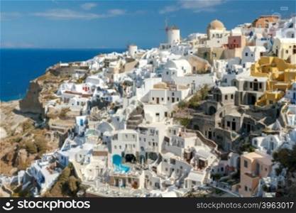 View of the Oia, a beautiful village on the volcanic island of Santorini in the Mediterranean Sea.