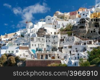 View of the Oia, a beautiful village on the volcanic island of Santorini in the Mediterranean Sea.