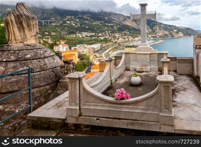 View of the old cemetery above the city. Menton. France.. Menton. The old famous cemetery located above the city.