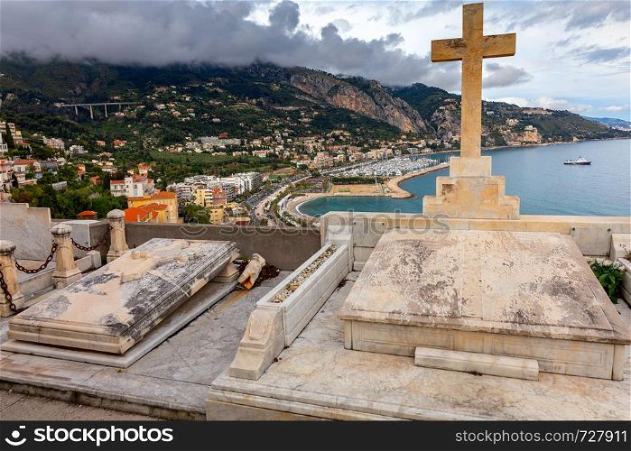 View of the old cemetery above the city. Menton. France.. Menton. The old famous cemetery located above the city.