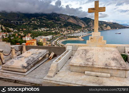 View of the old cemetery above the city. Menton. France.. Menton. The old famous cemetery located above the city.