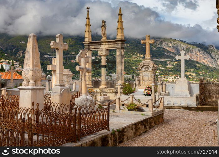 View of the old cemetery above the city. Menton. France.. Menton. The old famous cemetery located above the city.