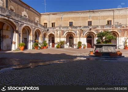 View of the old city street in the morning. Catania Sicily. Europe.. Catania. Old Town Street.