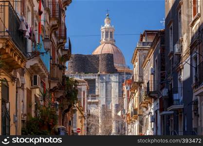 View of the old city street in the morning. Catania Sicily. Europe.. Catania. Old Town Street.