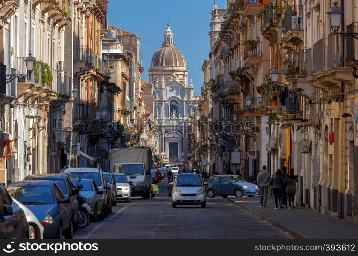 View of the old city street in the morning. Catania Sicily. Europe.. Catania. Old Town Street.