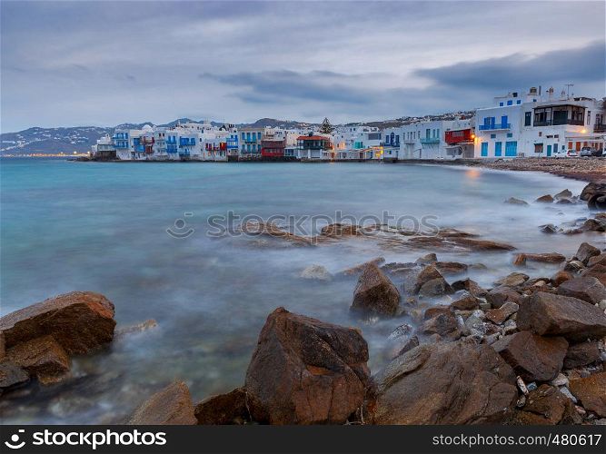 View of the old historical district of Little Venice in the city Chora. Greece. Mykonos.. Greece. Mykonos. Little Venice.