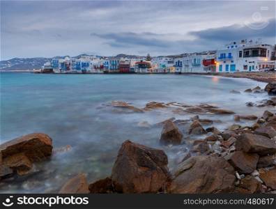 View of the old historical district of Little Venice in the city Chora. Greece. Mykonos.. Greece. Mykonos. Little Venice.