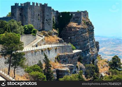View of the old medieval Norman castle (Venus castle) in Erice, Trapani region, Sicily, Italy. Build in 12th century.