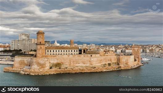 View of the old port and Fort Saint Jean in Marseille, France