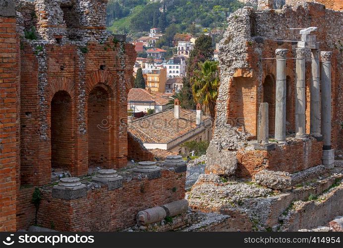 View of the old Roman theater on a sunny day. Taormina. Sicily. Italy.. Taormina. Ancient Roman theater.