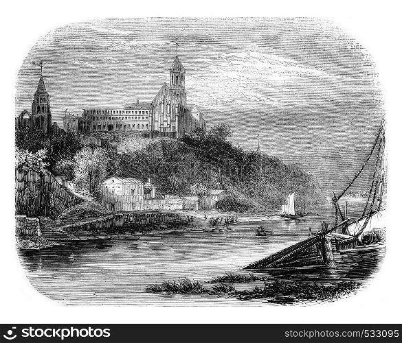 View of the Old Saint Florent, vintage engraved illustration. Magasin Pittoresque 1852.