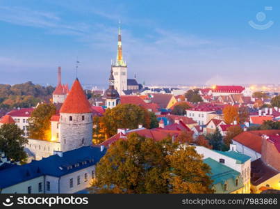 View of the Old Tallinn with Toompea night.. Tallinn. Old Town at night.