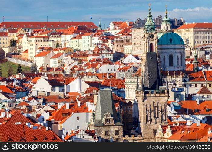 View of the old town and a small quarter of from the observation deck tower on the Charles Bridge in Prague.. Prague. Little quarter.