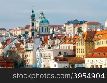 View of the old town and the church of St. Nicholas in Prague.. Prague. Little quarter.