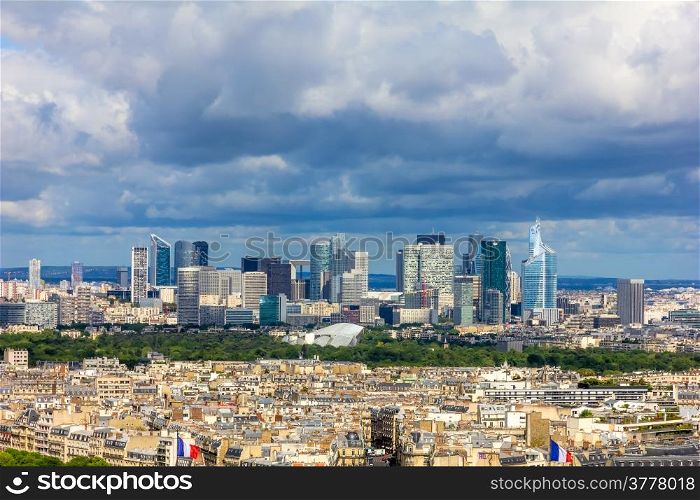 View of the old town and the modern business district of Paris - La Defense from Eiffel Tower