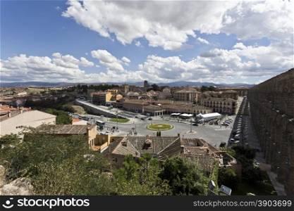 View of the old town and the roman aqueduct in Segovia, Spain