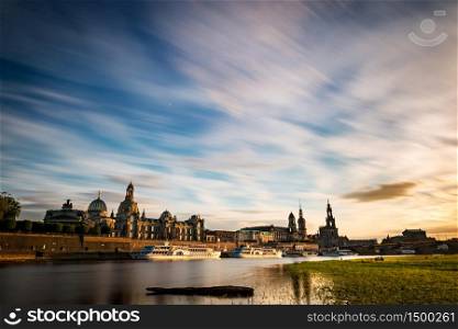 View of the oldtown of Dresden from the Neustadter Elbufer, with some of its main buildings to be recognised, including the Frauenkirche, the Cathedral or the Albertina. Long exposure.