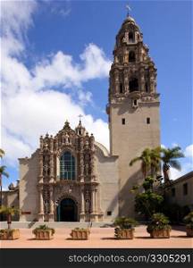 View of the ornate California Tower and South Facade of Museum of Man in Balboa Park in San Diego