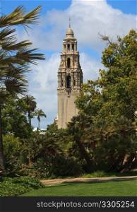 View of the ornate California Tower from Balboa Park in San Diego