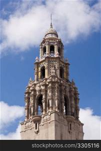 View of the ornate California Tower from the Alcazar Gardens in Balboa Park in San Diego