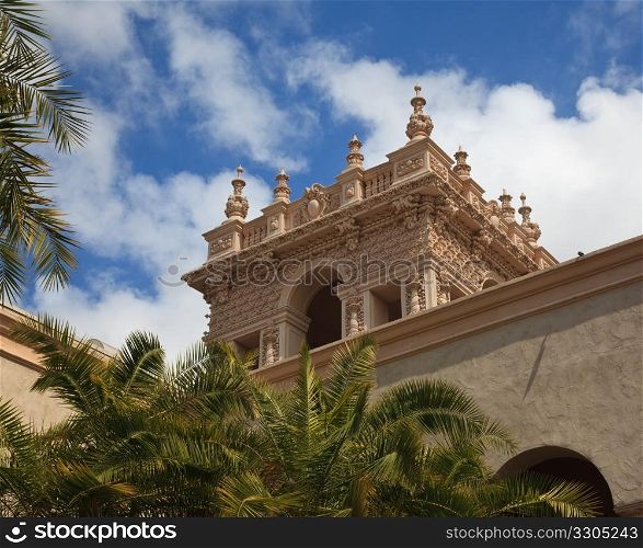 View of the ornate Tower from the Alcazar Gardens in Balboa Park in San Diego