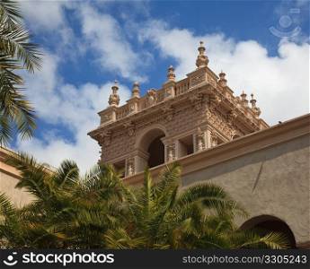 View of the ornate Tower from the Alcazar Gardens in Balboa Park in San Diego
